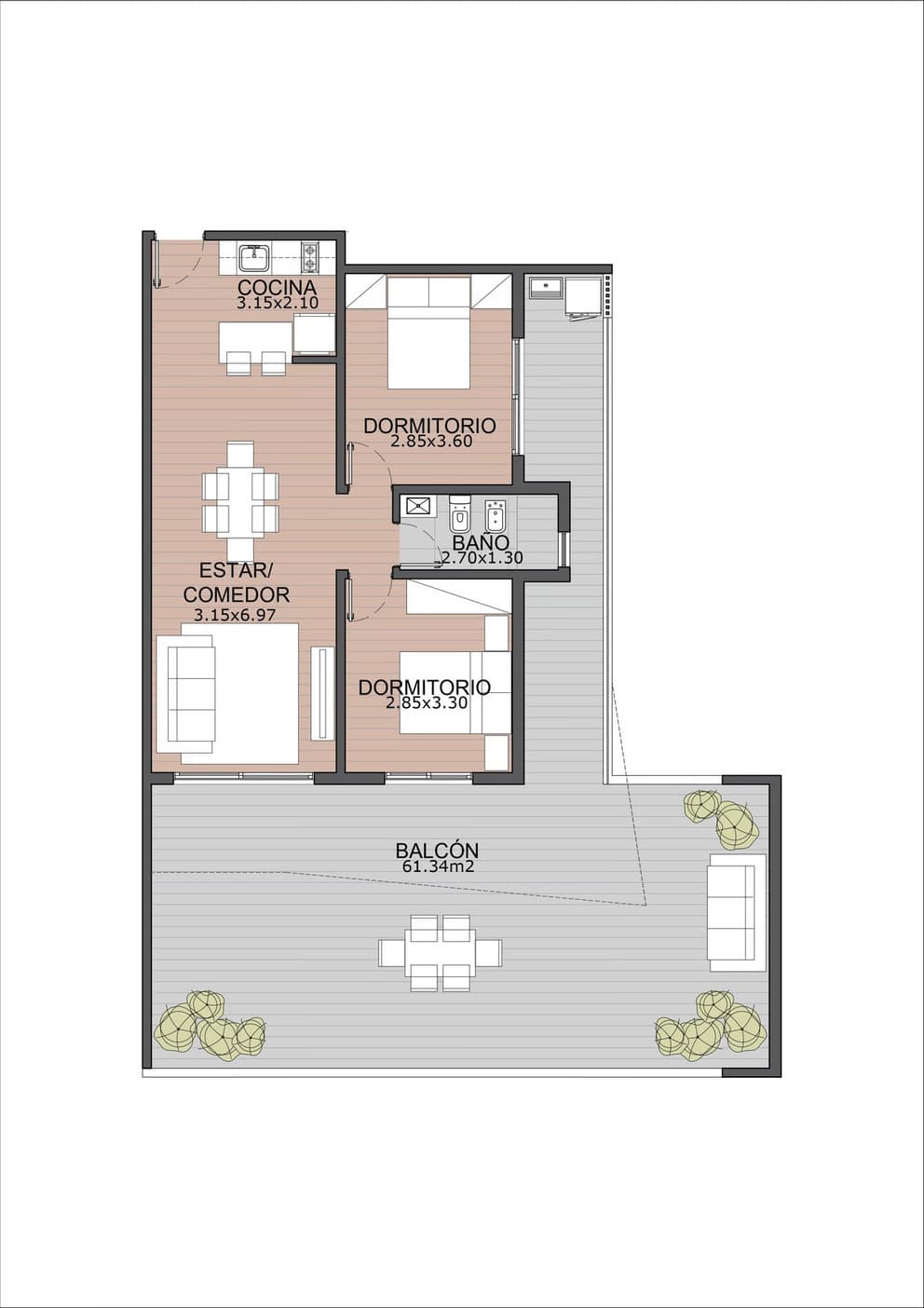 Plano de 2 dormitorios · terraza de 116,41 m²