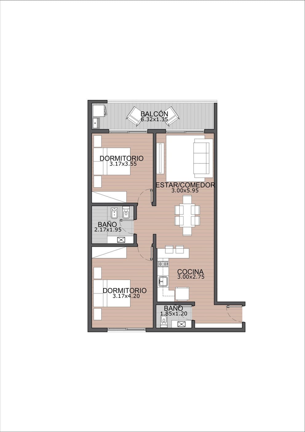 Plano de 2 dormitorios de 73,78 m²