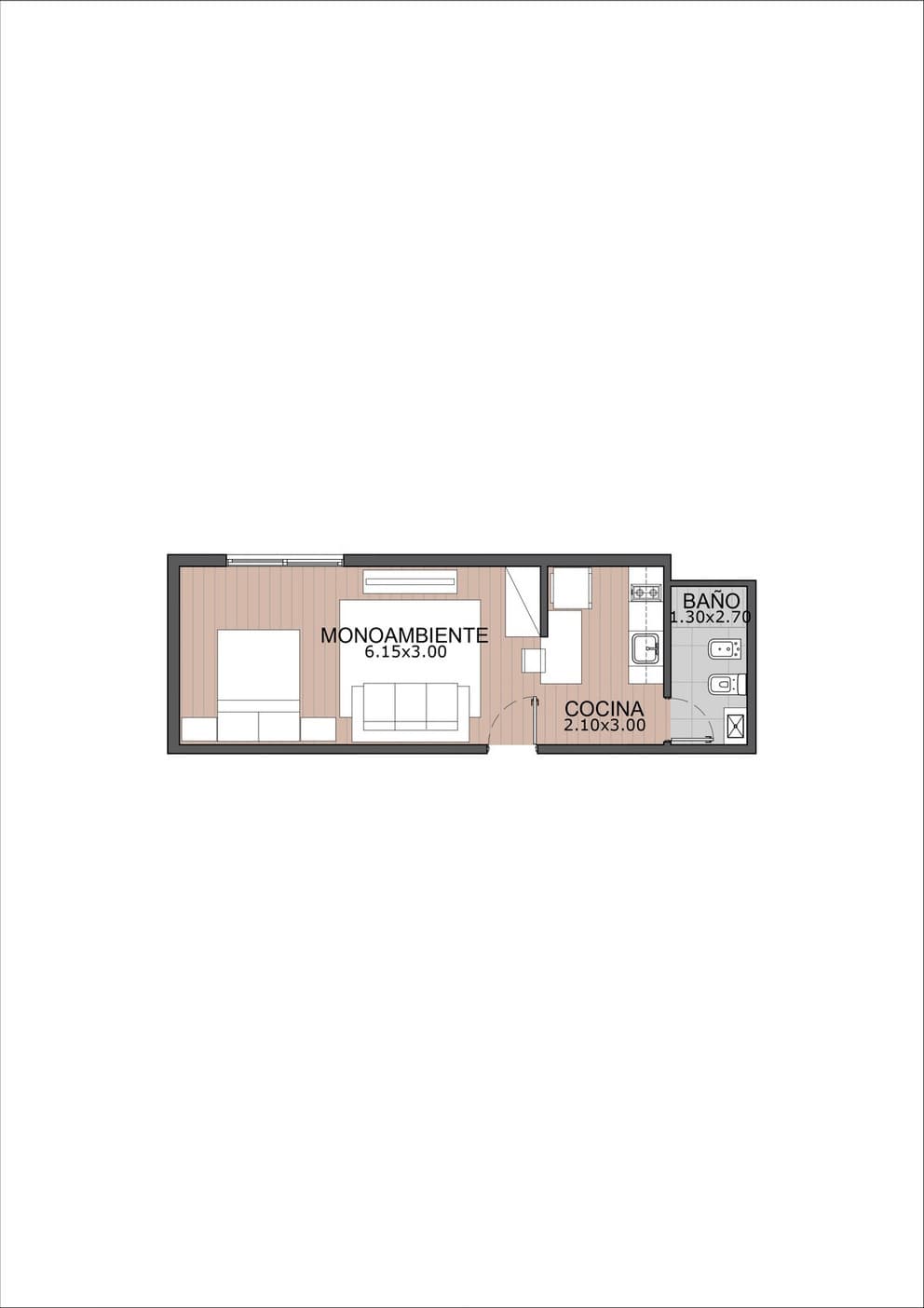 Plano de Monoambiente de 28,90 m²