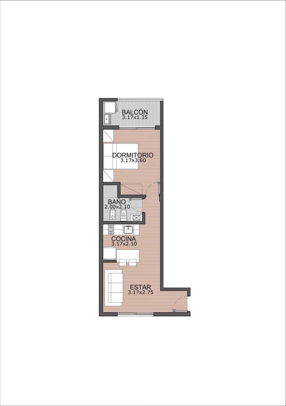 Plano de 1 dormitorio de 37,88 m²